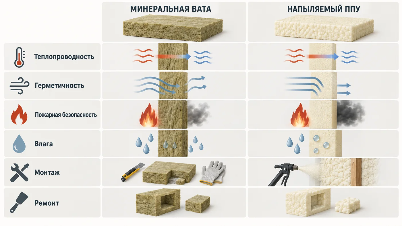 Инфографика сравнения минеральной ваты и ППУ по ключевым критериям