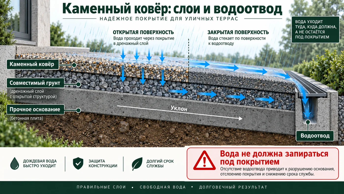 Слои каменного ковра и схема водоотвода