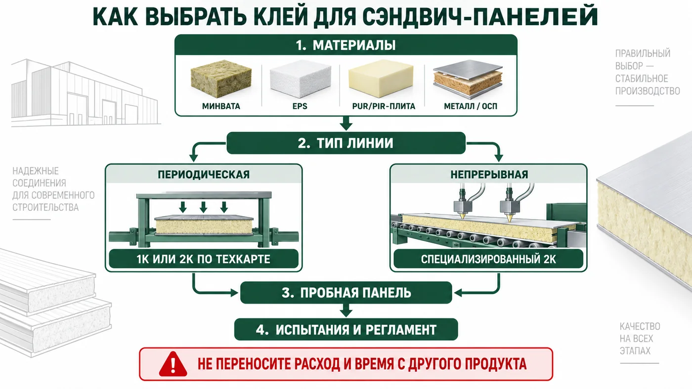 Схема выбора однокомпонентного или двухкомпонентного клея для сэндвич-панелей