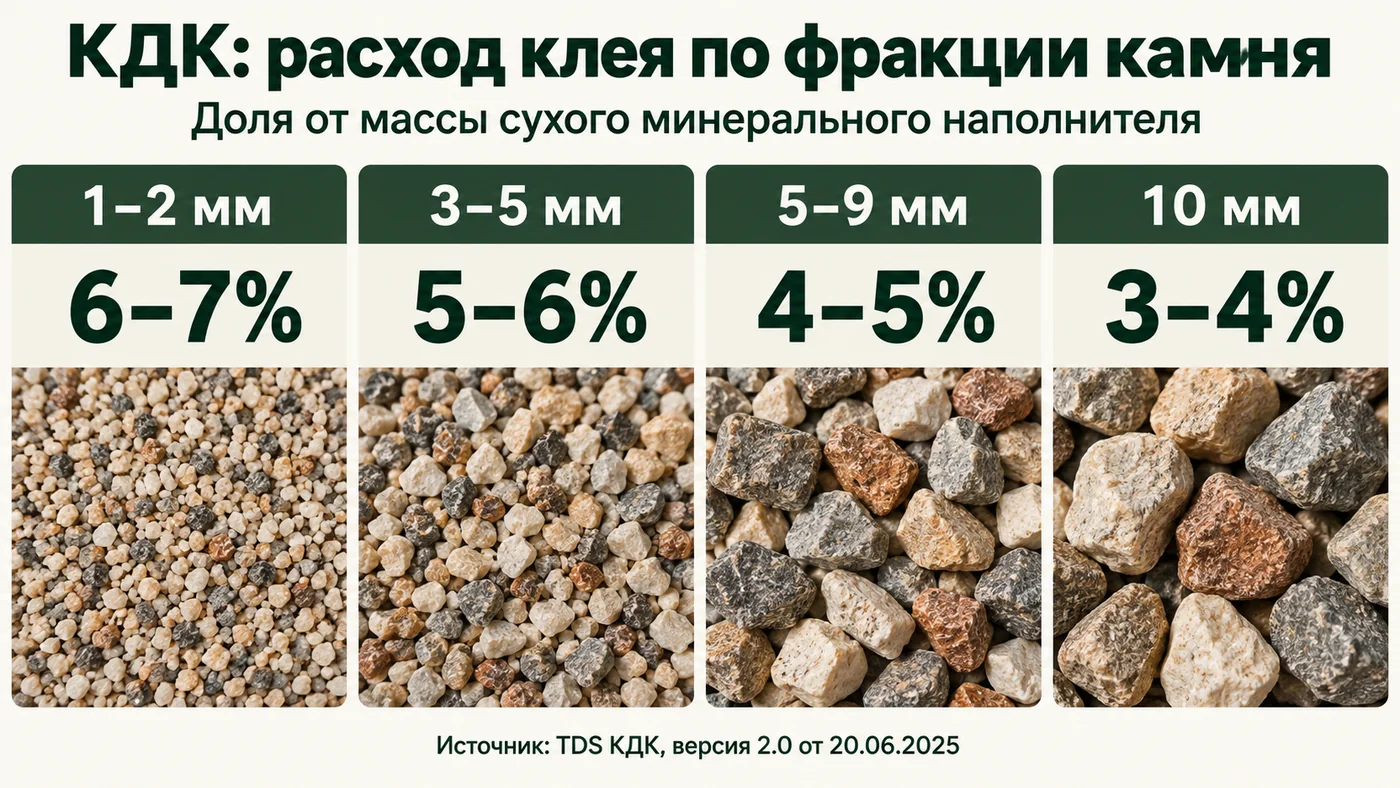 Расход полиуретанового клея КДК по фракции камня
