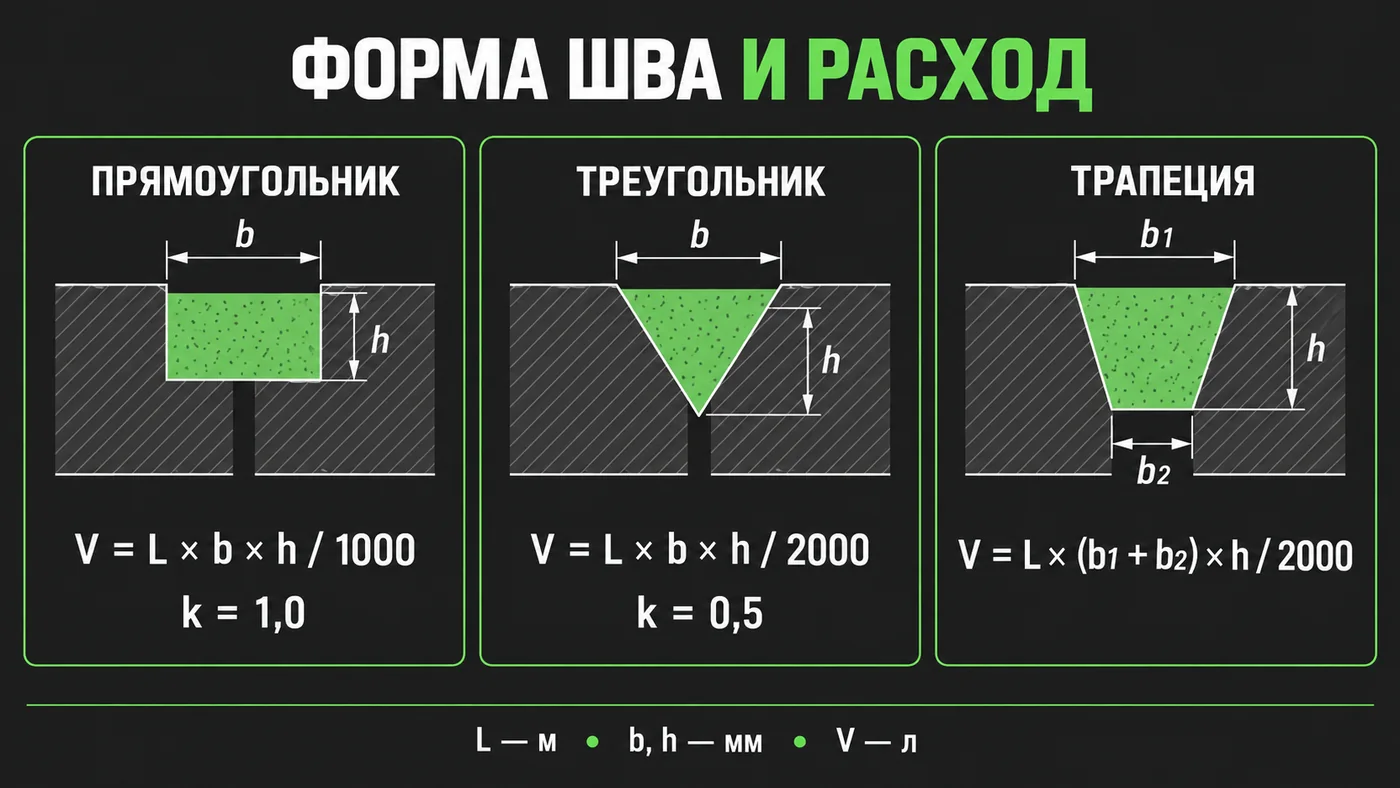 Формулы расхода герметика для прямоугольного, треугольного и трапециевидного шва