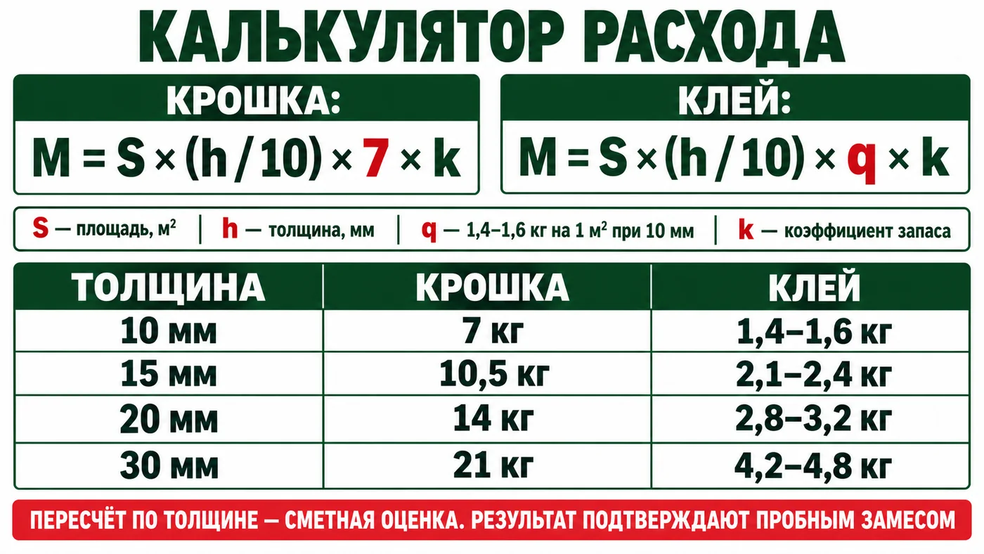 Калькулятор расхода резиновой крошки и клея по площади и толщине