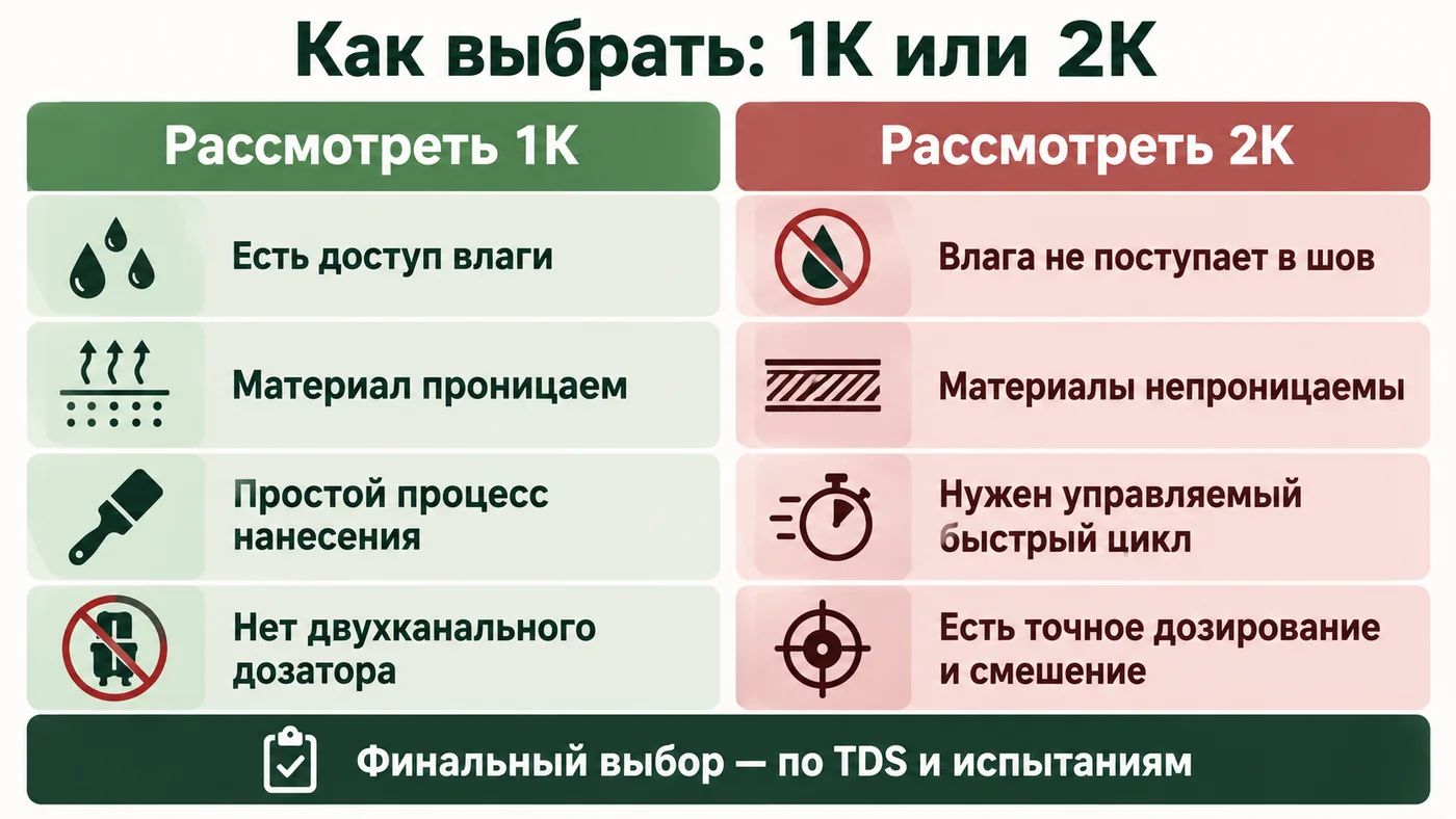 Матрица выбора между однокомпонентным и двухкомпонентным ПУ-клеем