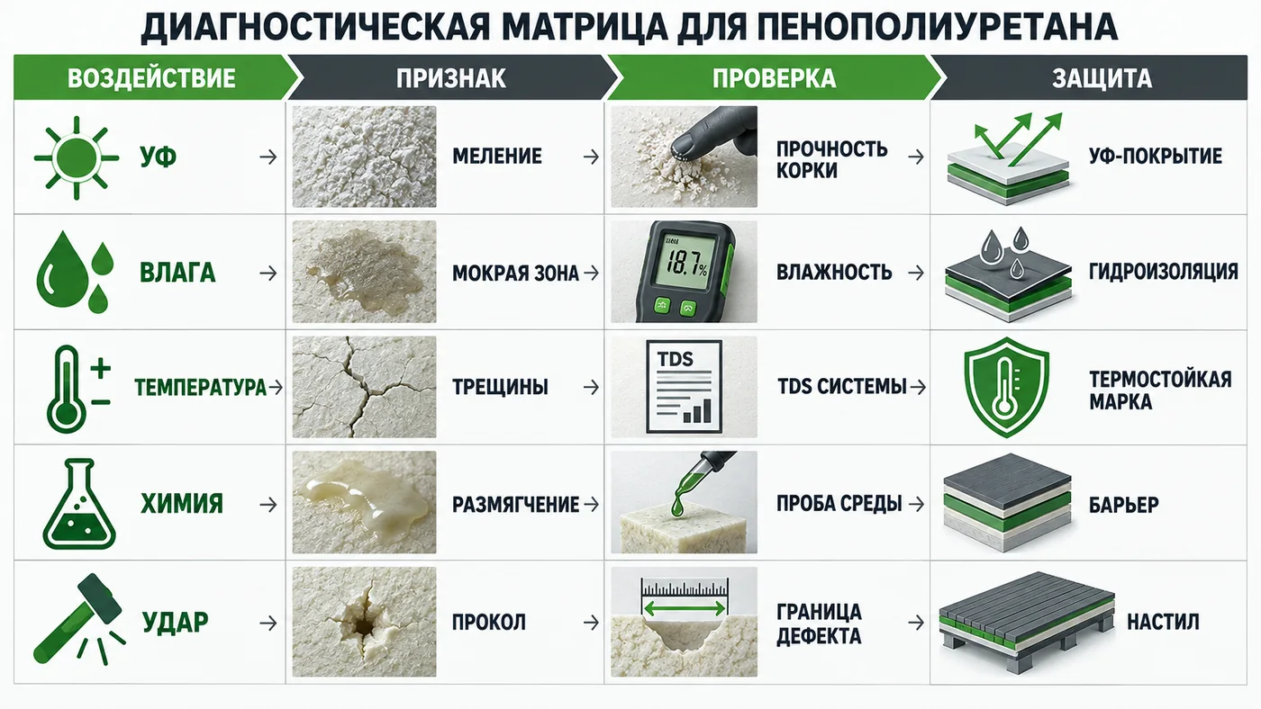 Диагностическая матрица воздействий, признаков повреждения, проверок и защиты ППУ
