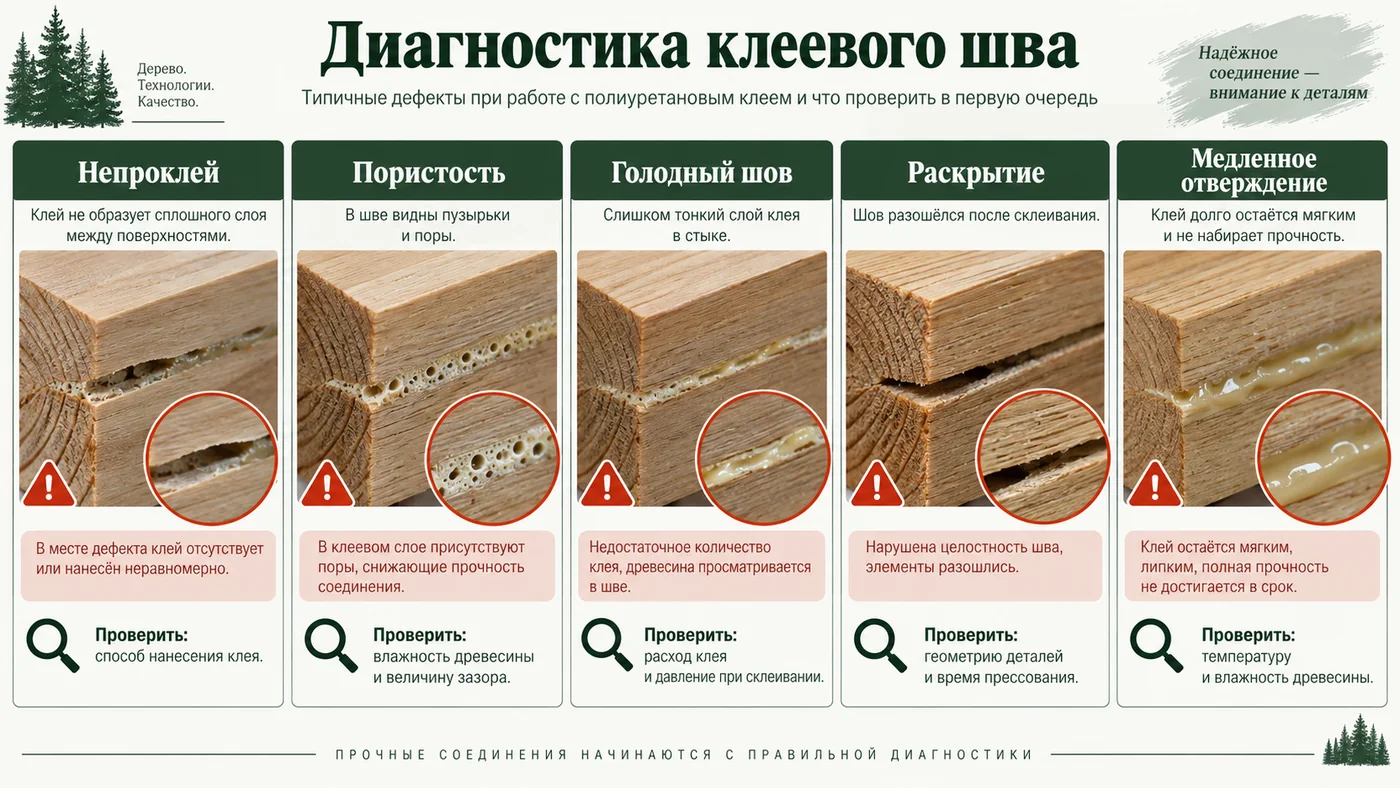 Диагностика дефектов полиуретанового клеевого шва древесины