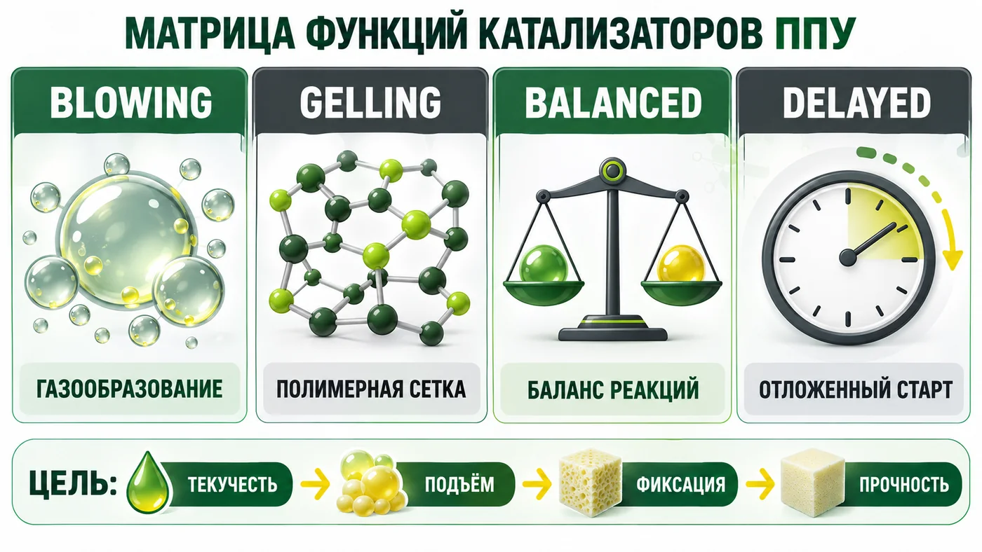 Матрица blowing, gelling, balanced и delayed-action катализаторов ППУ