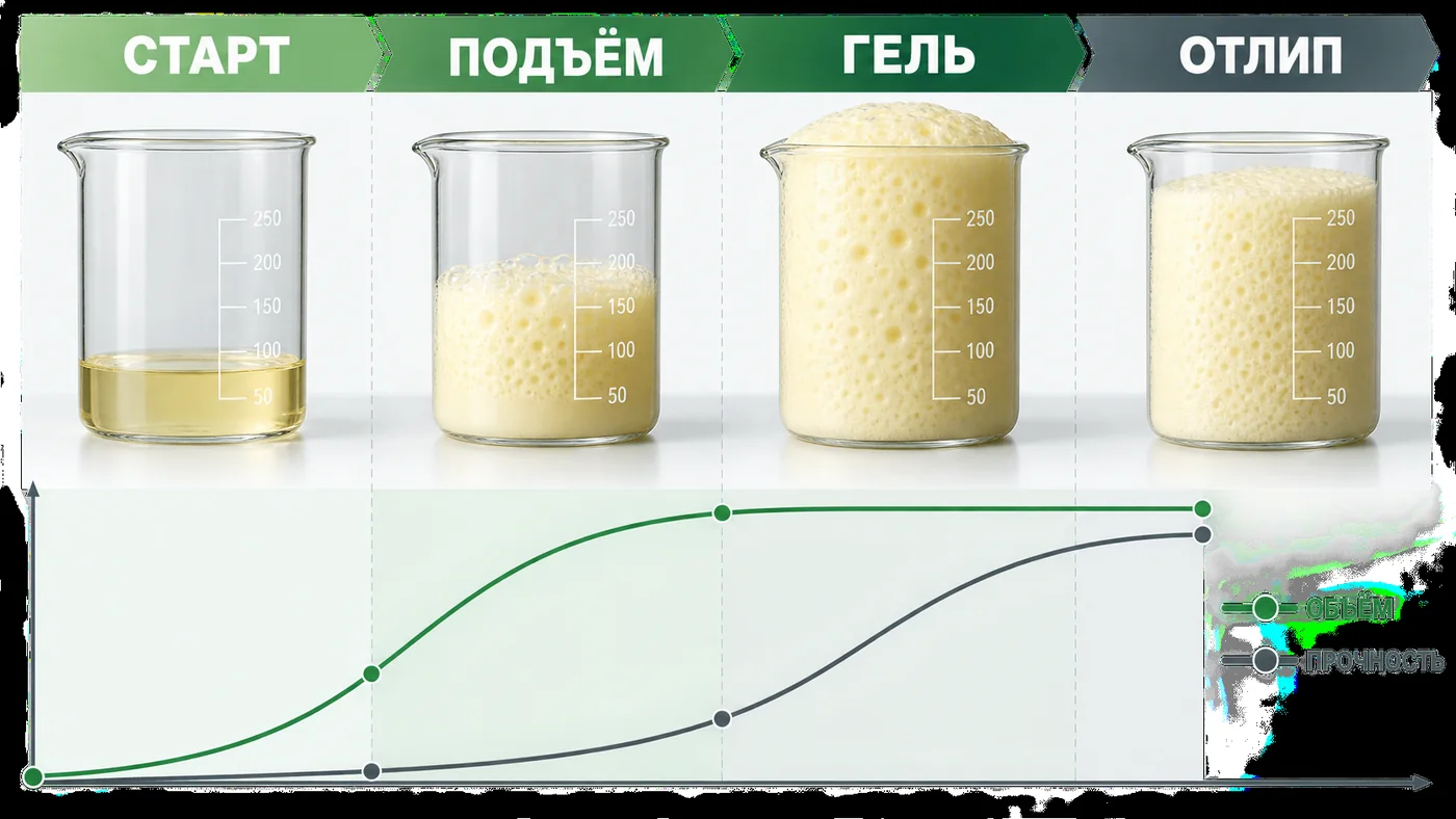 Временная шкала старта, подъёма, геля и отлипа пенополиуретана