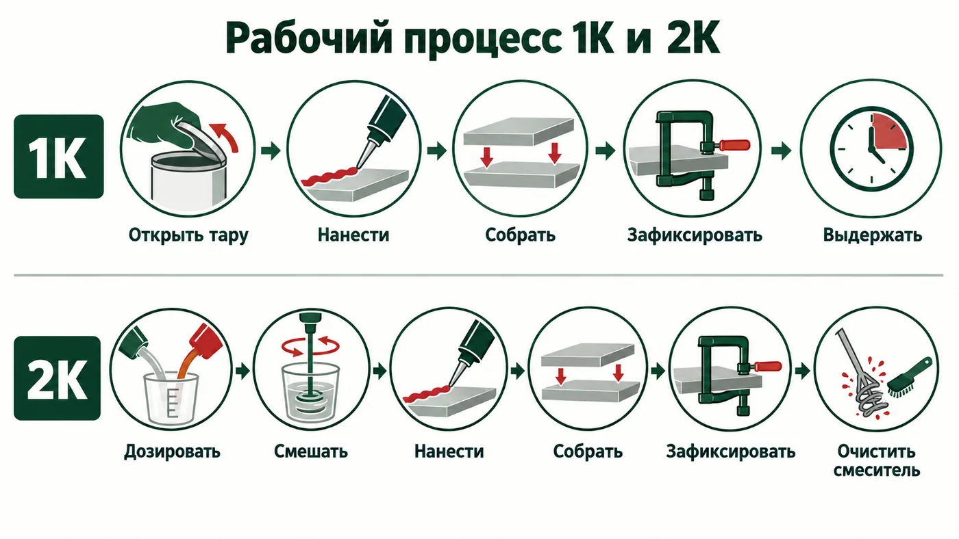 Сравнение рабочих процессов для 1К и 2К полиуретановых клеёв
