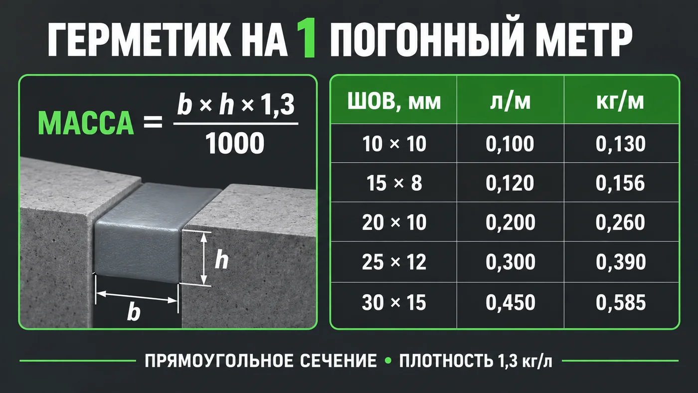 Расход полиуретанового герметика на один погонный метр для типовых сечений